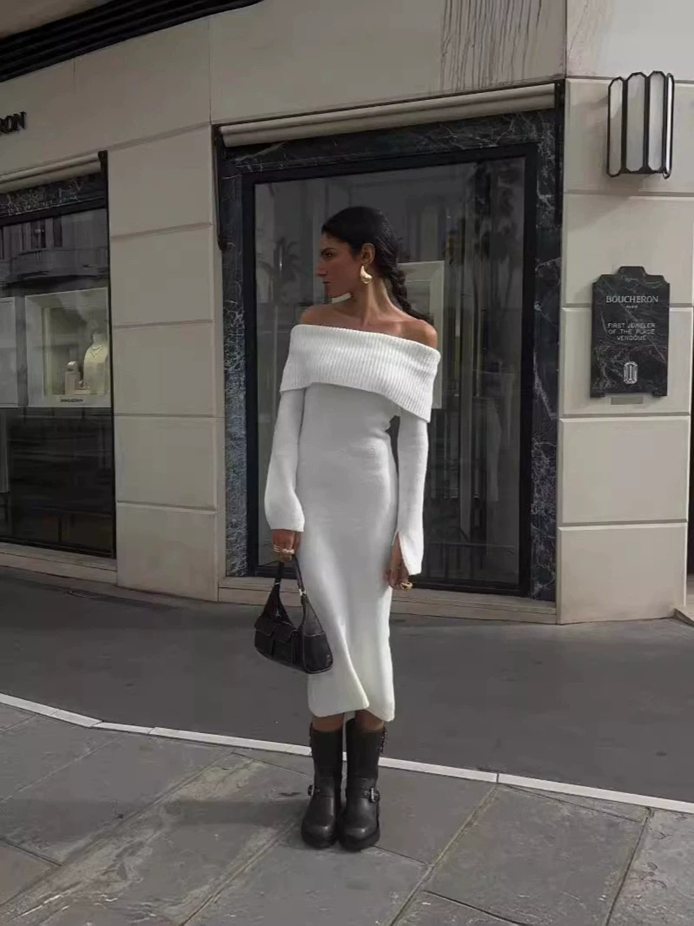 Zara Off Shoulder Pleated Midi Knit Dress Slim Fit